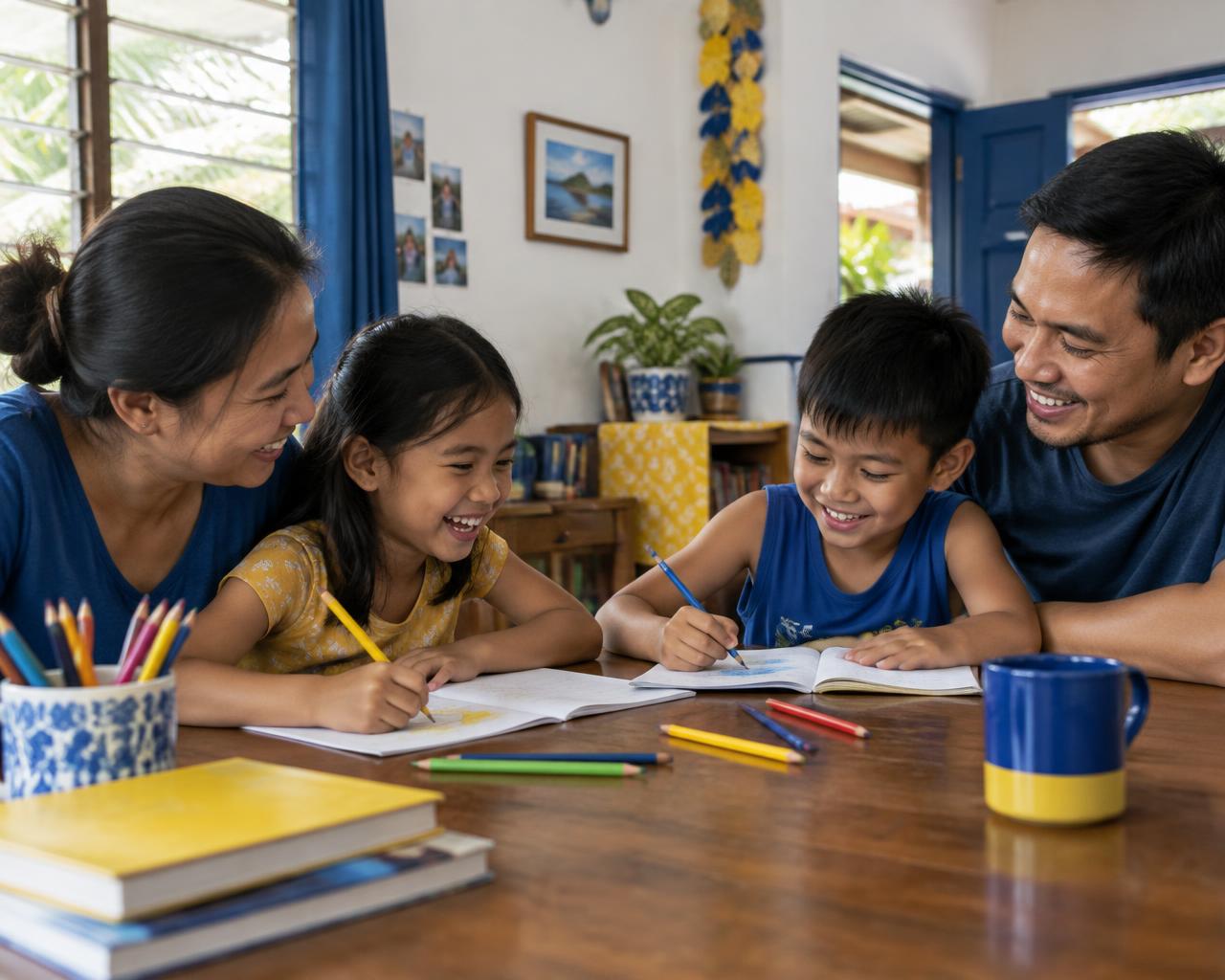Filipino parents and children doing a learning activity together at home